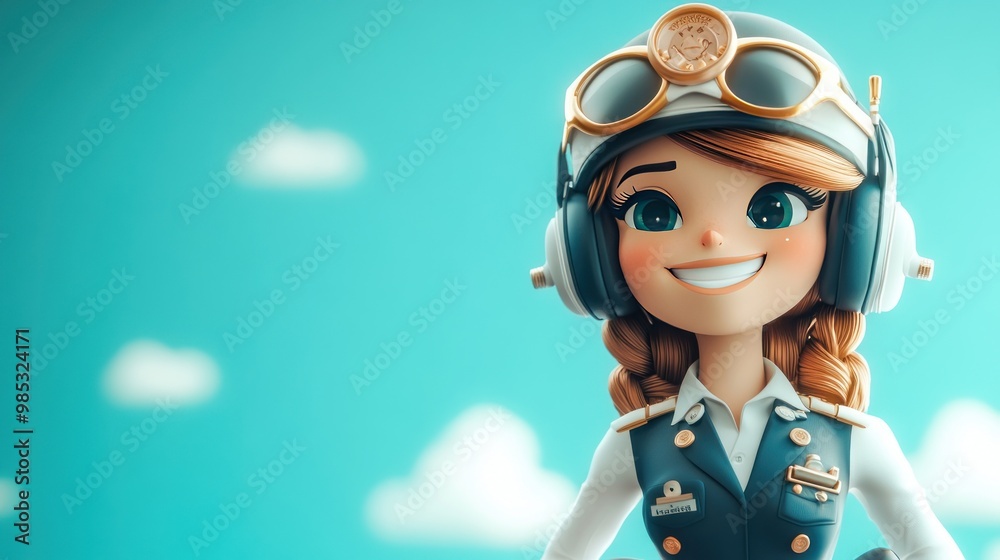 A cheerful animated pilot character with headphones and goggles against a blue sky backdrop. A cheerful animated pilot character with headphones and goggles against a blue sky backdrop.
