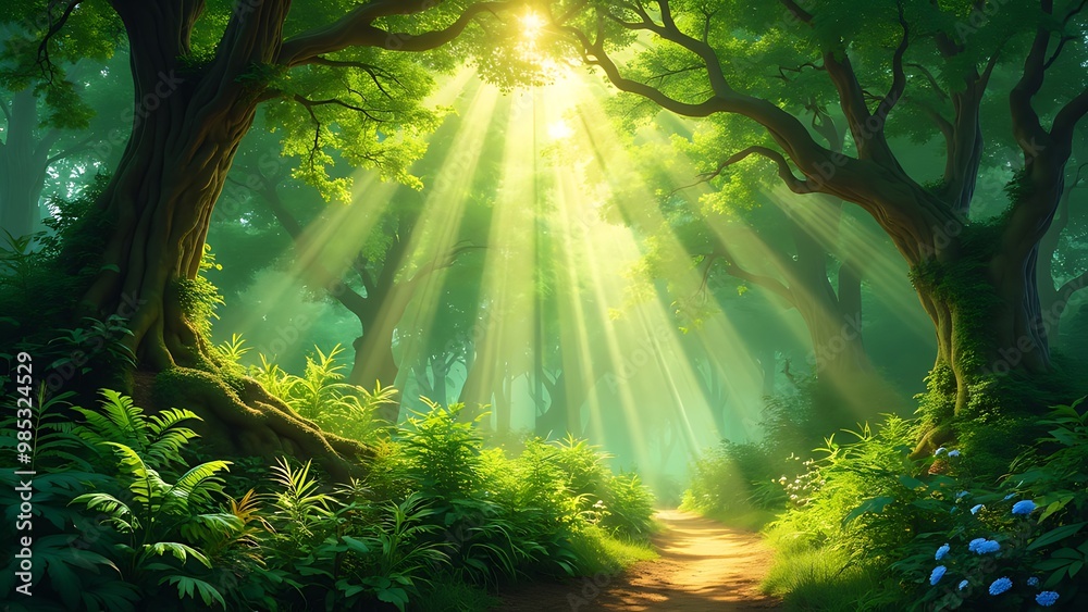 Fototapeta premium A lush green forest with sunlight streaming through the trees, creating a magical and serene atmosphere. The vibrant greenery and dappled light highlight the beauty of nature.