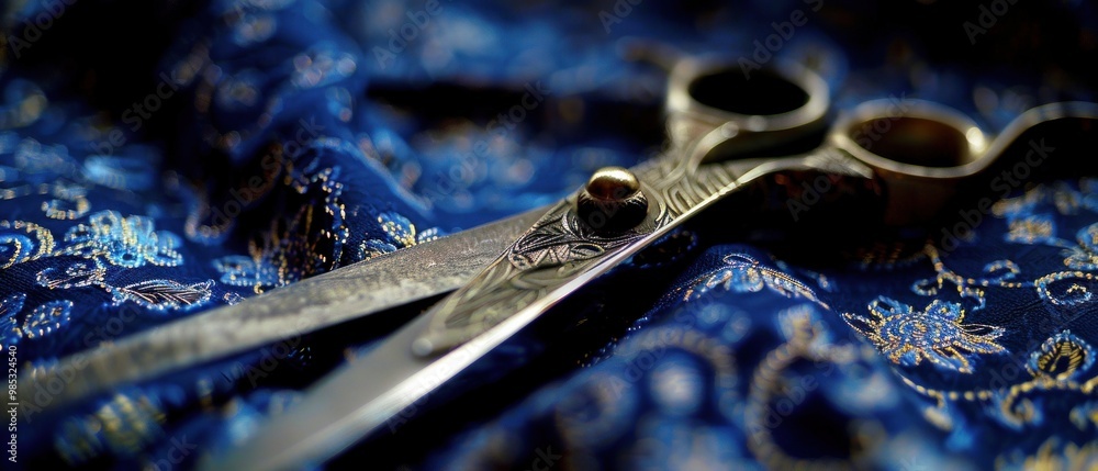 Tailor's steel scissors placed on fabric AI generated image Tailor's steel scissors placed on fabric AI generated image