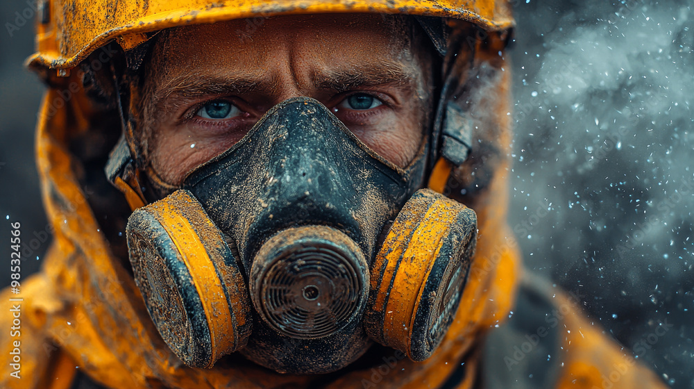 Close-up of a man's face wearing a respirator. Close-up of a man's face wearing a respirator.