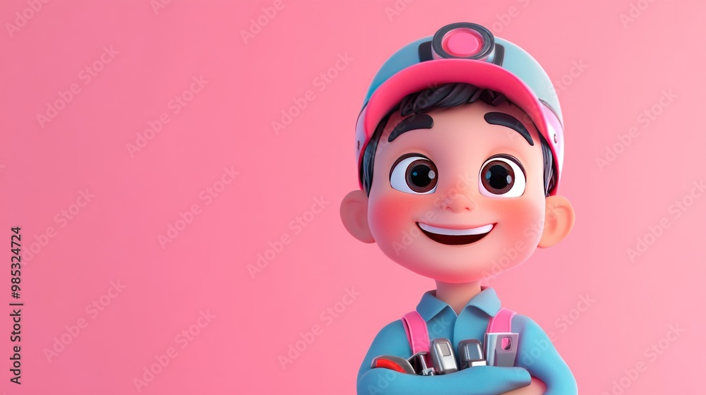 A cheerful cartoon character wearing a cap and holding tools, set against a pink background. A cheerful cartoon character wearing a cap and holding tools, set against a pink background.