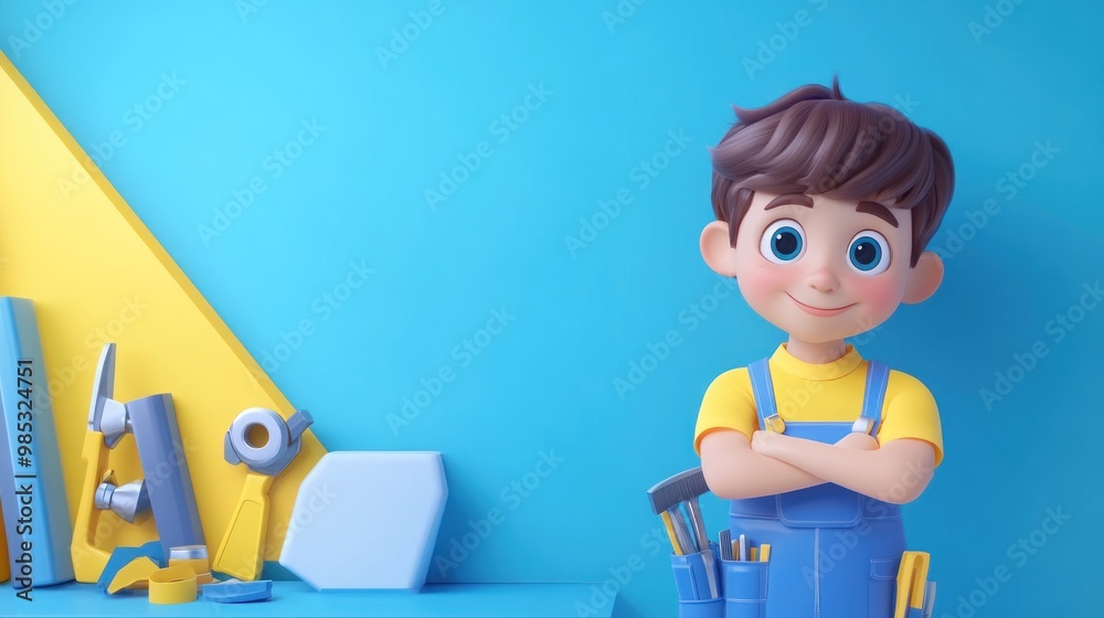 A cheerful cartoon boy in a workshop, showcasing tools and a creative environment. A cheerful cartoon boy in a workshop, showcasing tools and a creative environment.