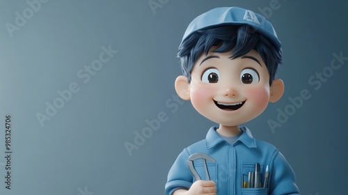 A cheerful cartoon character in a blue uniform holding tools and smiling.