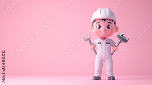 A cheerful cartoon character in a white outfit holding tools against a pink background.