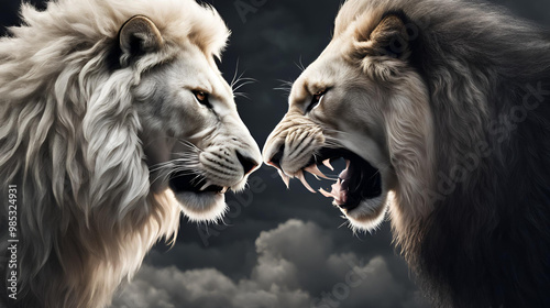 Two lions face to face in what appears to be a great fight. Generated by AI.