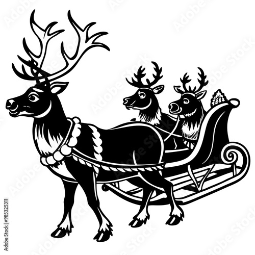 santa claus with reindeer and sleigh silhouette vector illustration 