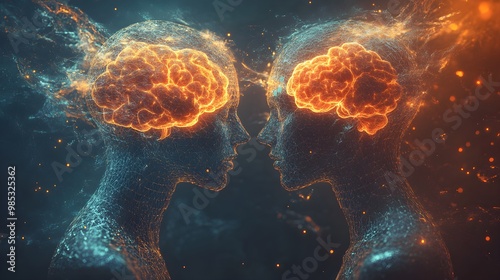 Two intertwined human forms, each with puzzle-piece brains, emitting soft light as their minds connect through synaptic currents, surrounded by a digital grid, Sci-Fi, Futuristic, Cybernetic