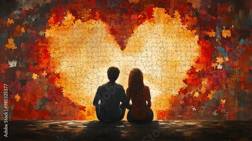 Two lovers sitting side by side, with puzzle pieces forming a heart shape behind them, surrealist, dreamy lighting, warm colors, soft brushstrokes