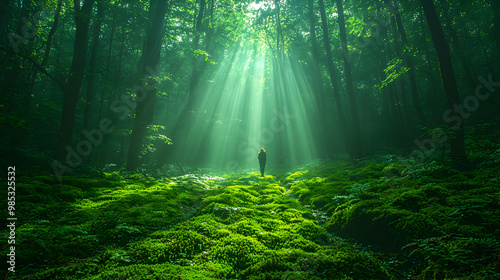 A person hiking through a dense forest trail, with sunlight breaking through the canopy and illuminating patches of the moss-covered ground