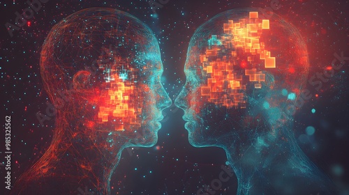 Two transparent human heads filled with interconnected puzzle pieces, a holographic web of light linking their thoughts, futuristic, bright neon tones, digital wireframe