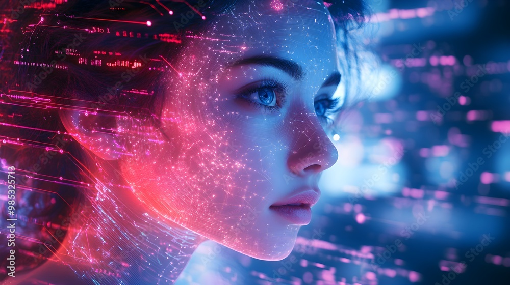 Woman in a dream state, digital circuits and energy lines surrounding her, glowing neural networks, deep cognitive reflection, AI-driven, soft pastel neon, cyberpunk style Woman in a dream state, digital circuits and energy lines surrounding her, glowing neural networks, deep cognitive reflection, AI-driven, soft pastel neon, cyberpunk style