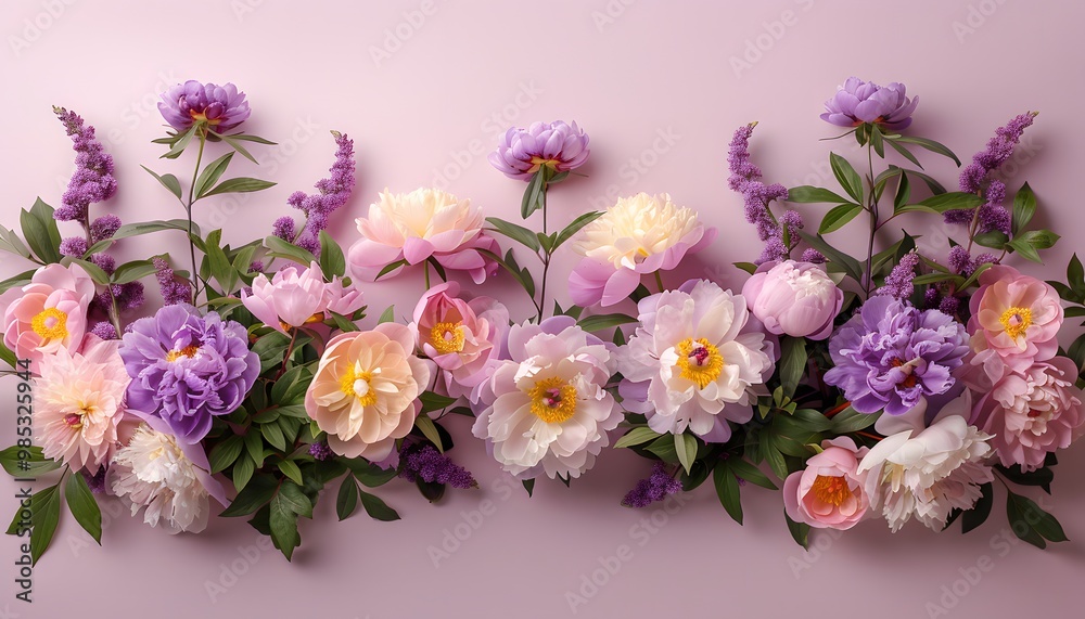 Lilac peony flowers frame on purple background Lilac peony flowers frame on purple background
