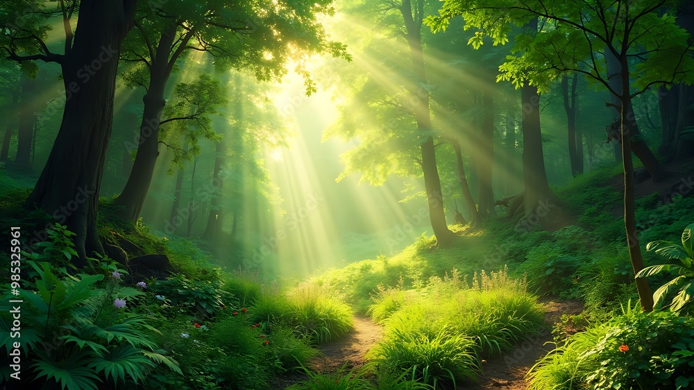 Obraz premium A lush green forest with sunlight streaming through the trees, creating a magical and serene atmosphere. The vibrant greenery and dappled light highlight the beauty of nature.