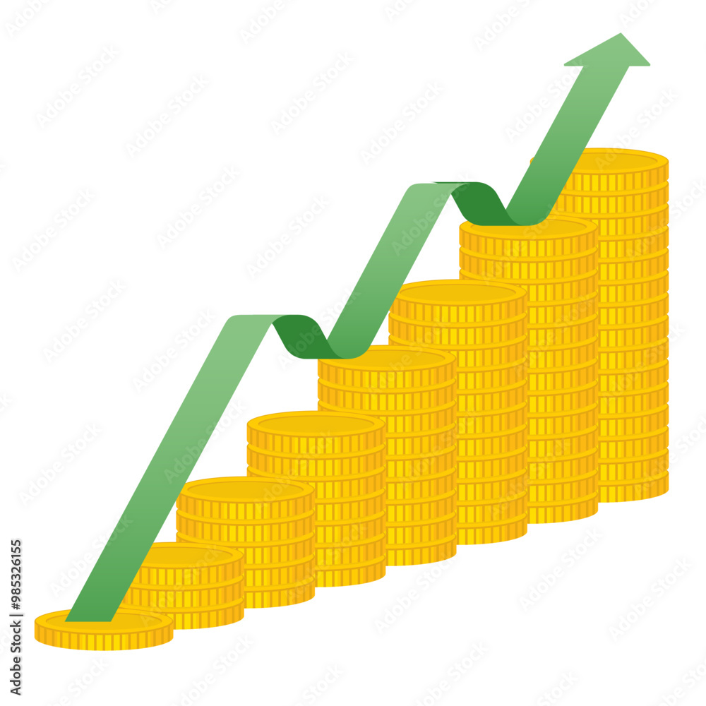 Fototapeta premium Business, money, and investment concept. Golden coins stack up and a green arrow for financial prosperity, economic forecast, and currency growth. Economic expansion and wealth management strategies.