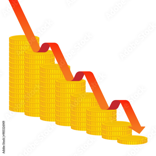 Vector illustration of golden coins with a red arrow pointing down,financial loss, economic downturn, and market decline. Business, finance, and investment concepts depicting recession or crisis