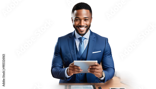 Obraz na płótnie standing tablet smiling ceo american good businessman african suit rejoices news stock digital office using aring exchange entrepreneur horizontal indoor male mature adult man occupation photo w salonie