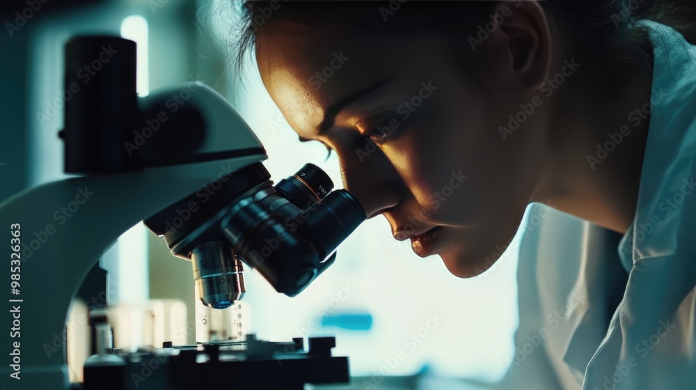 Close-up of a scientist using a microscope, with an emphasis on the clarity of the sample and the researcher concentration Close-up of a scientist using a microscope, with an emphasis on the clarity of the sample and the researcher concentration