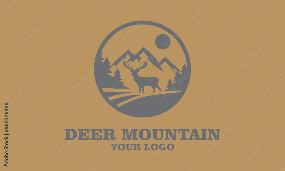 Obraz premium Deer logo with mountains, trees, sun, and text Deer Mountain for branding. Ideal for outdoor, vektor, background, adventure, or wildlifethemed businesses