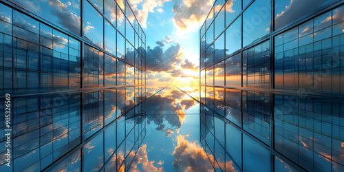 Reflective Glass Buildings at Sunset, Modern Architecture with Cloud Reflections