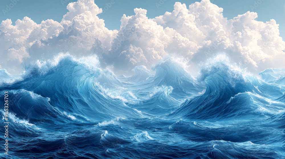 Blue waves crashing against a backdrop of white clouds. Blue waves crashing against a backdrop of white clouds.