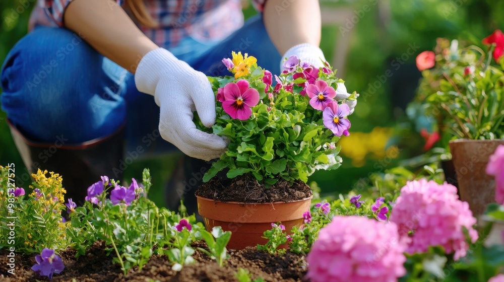 A gardener planting colorful flowers in a pot, showcasing the beauty of nature and the joy of gardening. A gardener planting colorful flowers in a pot, showcasing the beauty of nature and the joy of gardening.