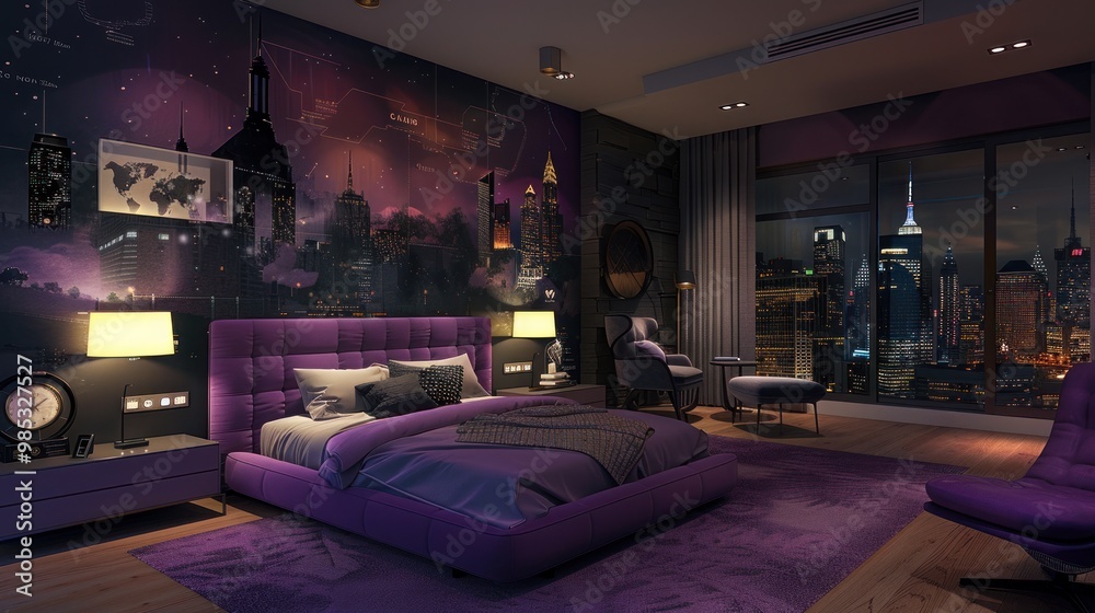 Luxurious bedroom interior with cityscape painting with skyline mural and beautiful purple furniture Luxurious bedroom interior with cityscape painting with skyline mural and beautiful purple furniture