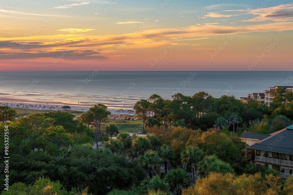 Obraz premium Oceanfront beach on Head Island, South Carolina. Coligny beach with hotels and trees in foreground at sunset. Drone captures serene landscape with blue water, sandy shore, and cloudy sky.