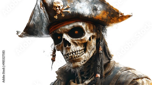 Skeletal pirate captain with a torn hat and creepy Halloween masks, digital illustration, intricate bone details, isolated on white background photo