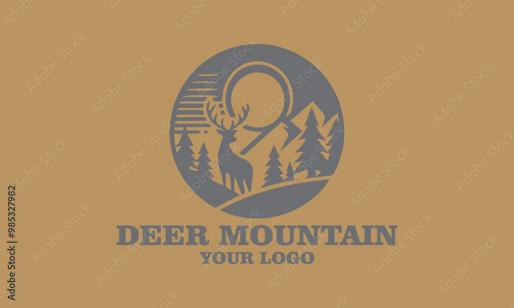 Deer logo with mountains, trees, sun, and text Deer Mountain for branding. Ideal for outdoor, vektor, background, adventure, or wildlifethemed businesses Deer logo with mountains, trees, sun, and text Deer Mountain for branding. Ideal for outdoor, vektor, background, adventure, or wildlifethemed businesses