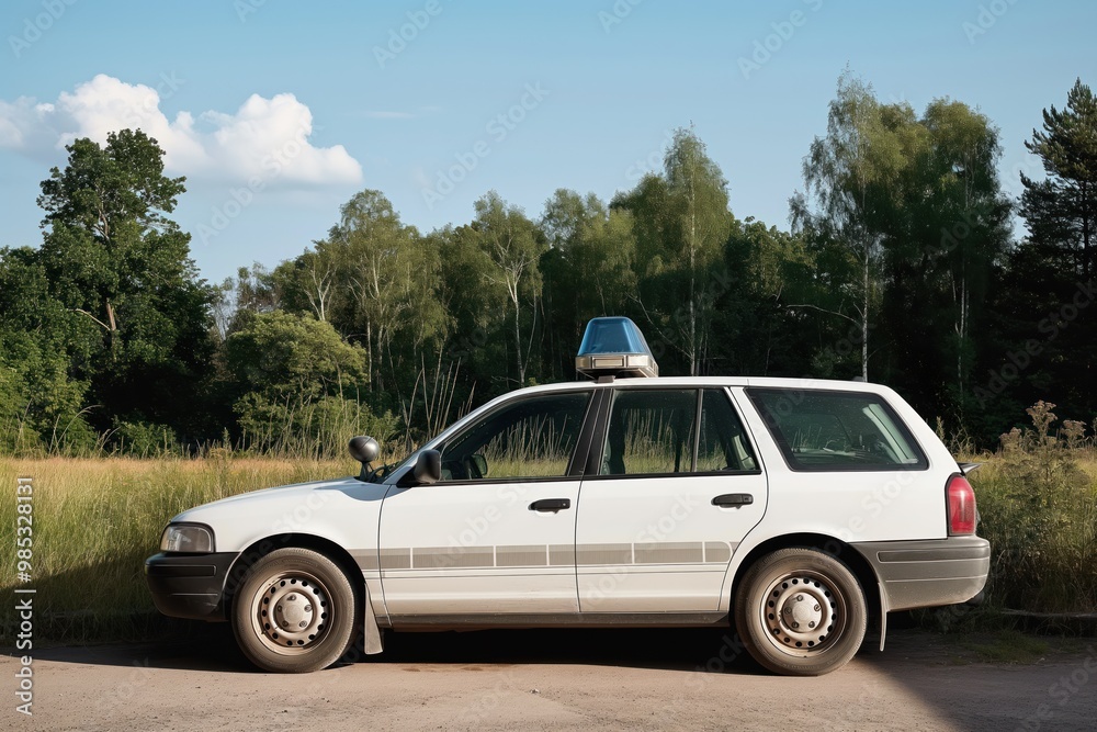 Side view of security car parked outdoors. Vehicle equipped with modern surveillance features. Partial rear view of driver visible. Car parked in well-lit area, suggesting focus on security, safety. Side view of security car parked outdoors. Vehicle equipped with modern surveillance features. Partial rear view of driver visible. Car parked in well-lit area, suggesting focus on security, safety.