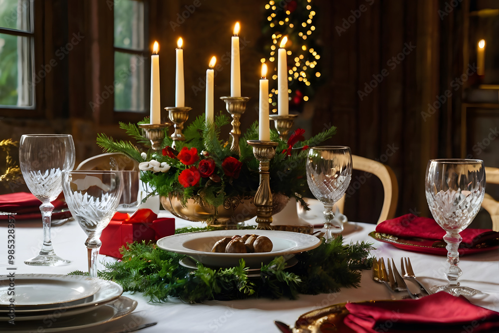 Beautifully decorated table for Christmas Eve dinner celebration Beautifully decorated table for Christmas Eve dinner celebration