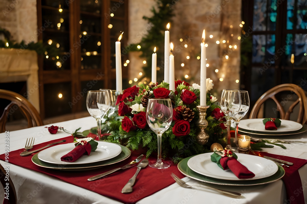 Beautifully decorated table for Christmas Eve dinner celebration Beautifully decorated table for Christmas Eve dinner celebration