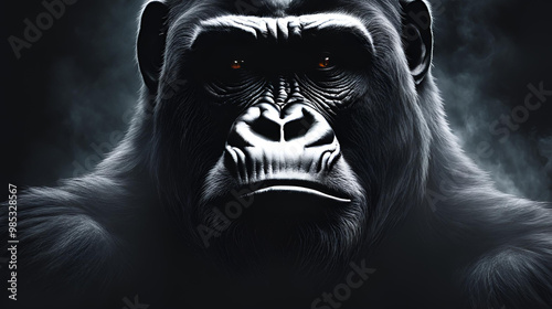 Large black gorilla seen close up, frontally. AI generated.