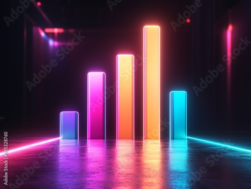 Five neon bars on a dark reflective surface with bright pink, orange and blue neon lights.