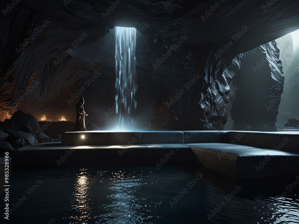Obraz premium a man stands in front of a waterfall in a dark cave.