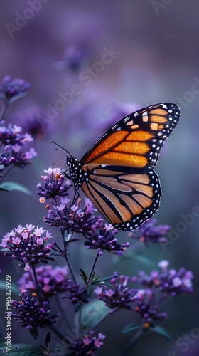 Closeup of a monarch butterfly on a purple flower with delicate wings spread and soft focus on the surrounding greenery