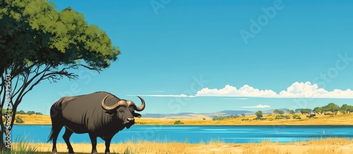 Asian buffalo in a savannah landscape with a serene lake and clear blue sky