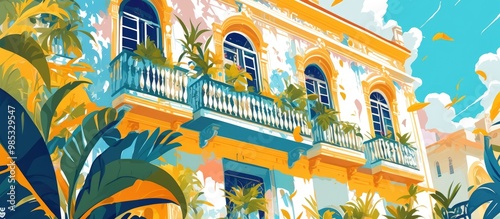 Vibrant artwork showcasing intricate details of historic colonial balconies and a church featuring a colorful design photo