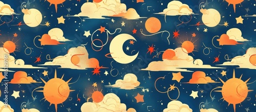 Vector illustration of a whimsical pattern featuring adorable stars moons and clouds Ideal for a nighttime nursery theme photo