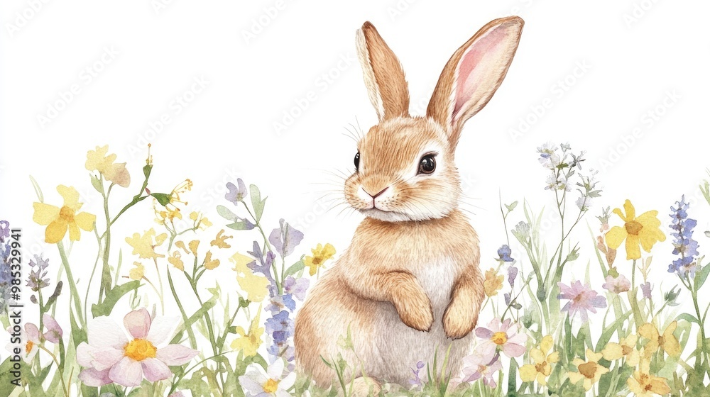 Fototapeta premium Watercolor illustration of an adorable bunny surrounded by flowers suitable for Easter themes in vector format