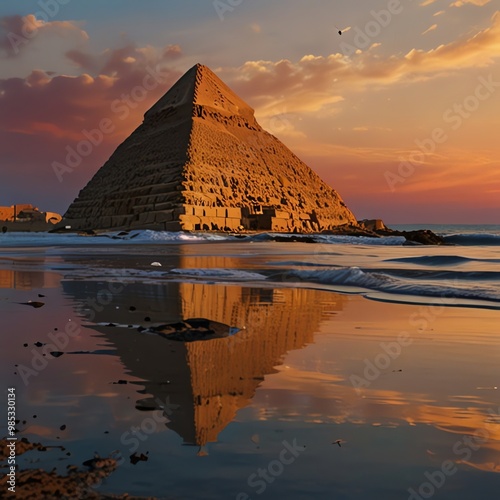 a pyramid is reflected in the water at sunset.