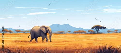 Elephant strolling through a savannah landscape with distant mountains visible Vector illustration photo