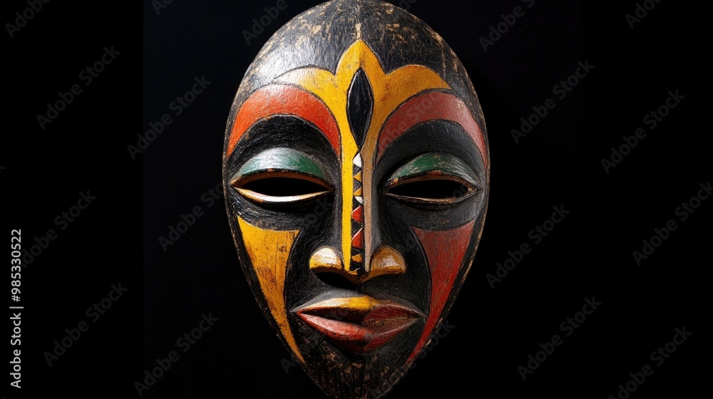 Naklejka premium Cultural mask for festive rituals and celebrations set against a black background