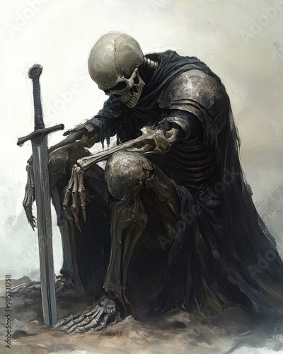 Dark knight skeleton in a defeated pose with a lowered sword