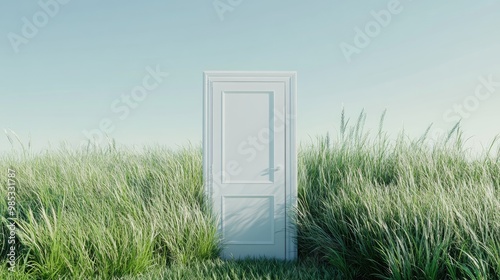 Open white door in a summer landscape featuring lush green grass Abstract surreal illustration with a touch of fantasy Modern minimalist design in 3D rendering