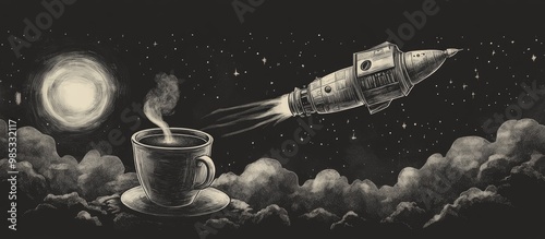 A surreal sketch featuring a spacecraft alongside a mug of coffee tea or hot chocolate ideal for space themed designs on apparel and various gifts photo