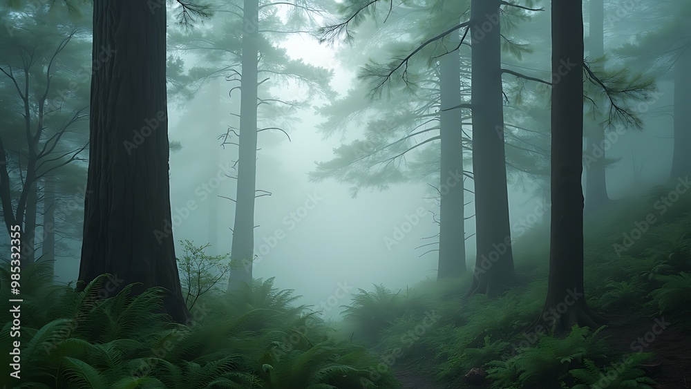 Naklejka premium A misty morning in a dense forest, with fog settling on the ground, creates an ethereal atmosphere, enhancing the enchanting beauty of nature and inviting quiet reflection.