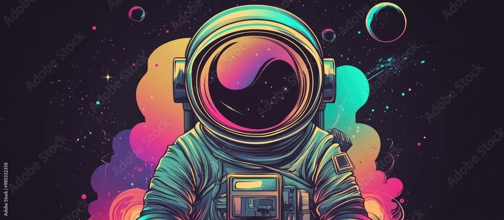 Astronaut in the universe with a slogan about new horizons Design for t shirts and fashionable apparel Cosmonaut as a symbol of science astronomy and education Astronaut in the universe with a slogan about new horizons Design for t shirts and fashionable apparel Cosmonaut as a symbol of science astronomy and education