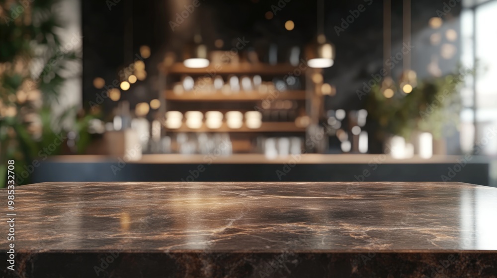 Obraz premium Empty Dark Marble Table In Modern Cafe With Blurred Background Ideal For Product Display Brown Counter Setting