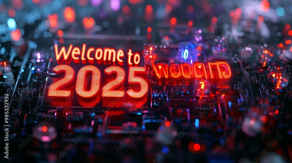 Futuristic neon sign welcoming the year 2025, glowing brightly against a dark background with colorful bokeh lights, symbolizing technology and celebration. Futuristic neon sign welcoming the year 2025, glowing brightly against a dark background with colorful bokeh lights, symbolizing technology and celebration.